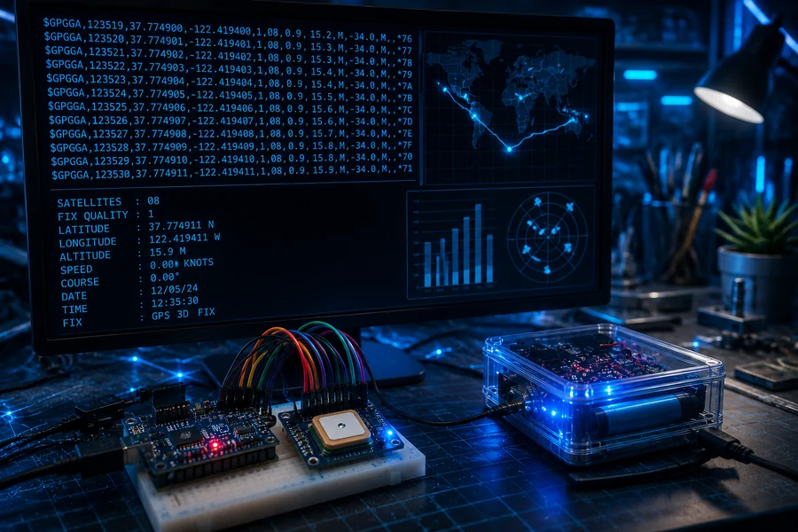 Computer monitor showing live Arduino GPS serial data with latitude and longitude