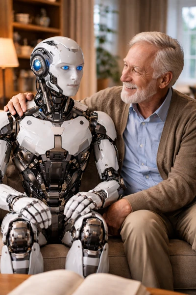 Friendly home robot helping an older adult