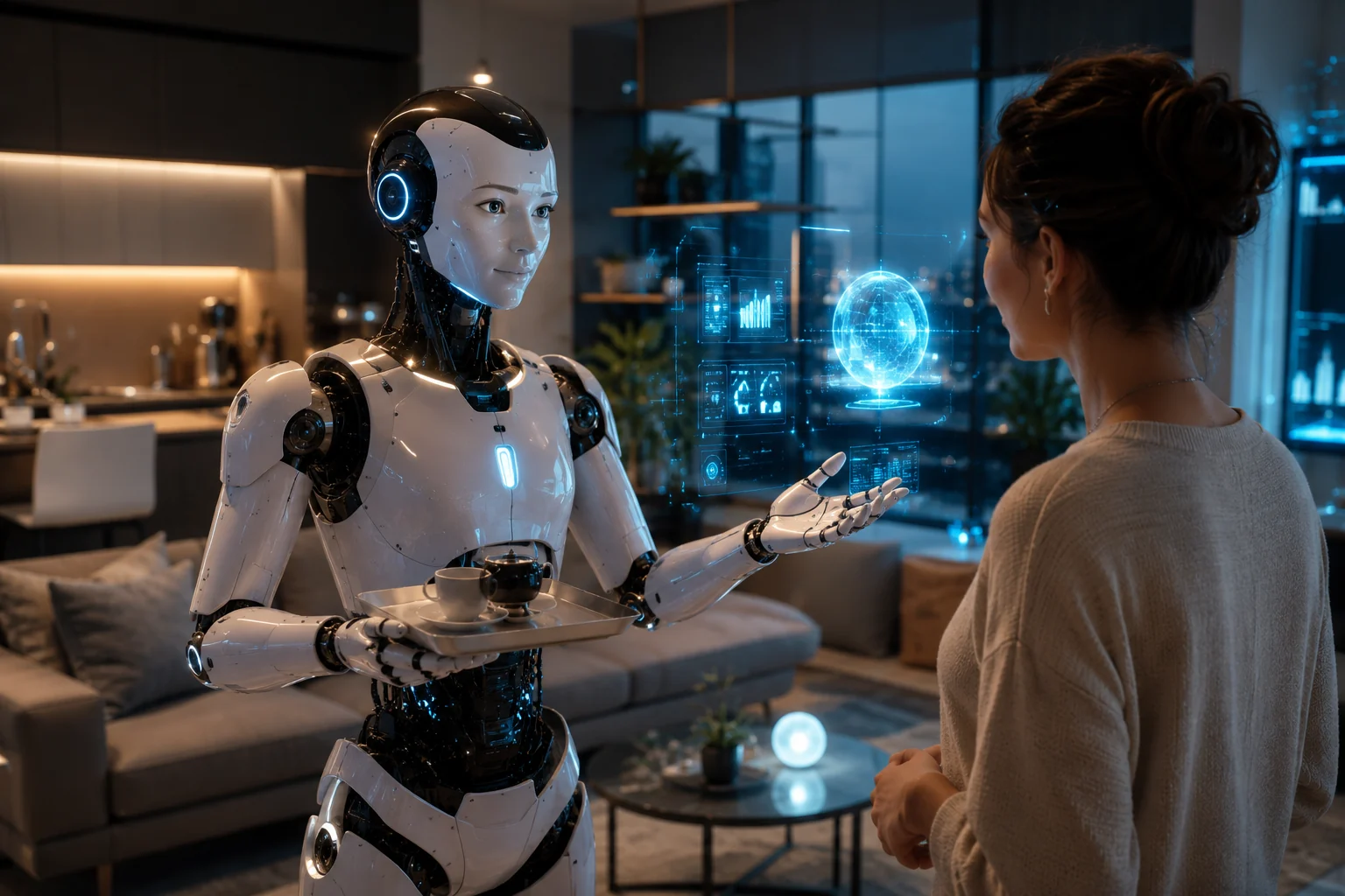 Friendly humanoid service robot helping a person in a smart home