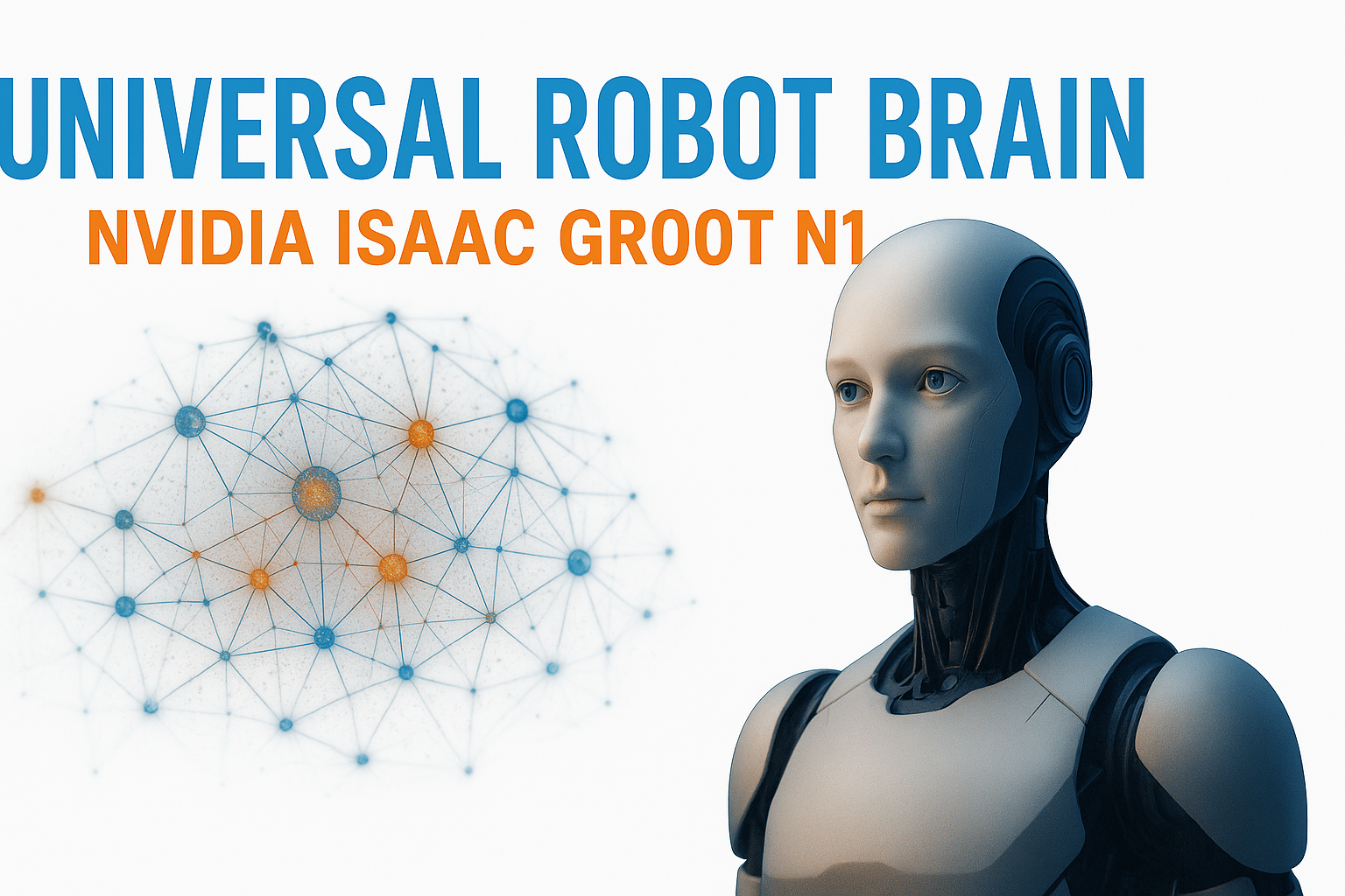 Universal robot brain concept with humanoid robot and glowing neural network