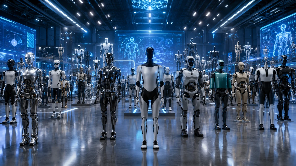 Humanoid robots working with engineers in a futuristic robotics facility