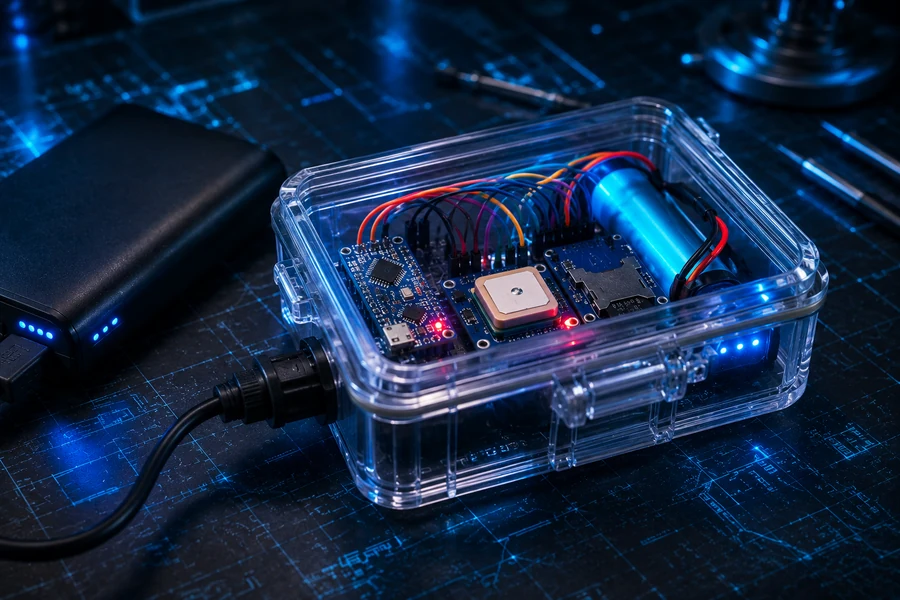 Portable Arduino GPS tracker battery power setup in transparent enclosure