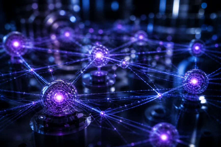 Futuristic city connected by glowing quantum data streams