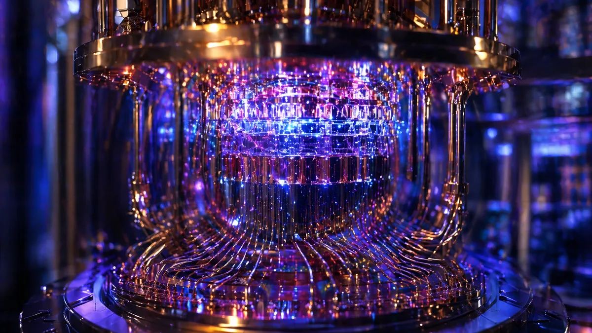 Close-up of a glowing quantum processor core and qubit lattice