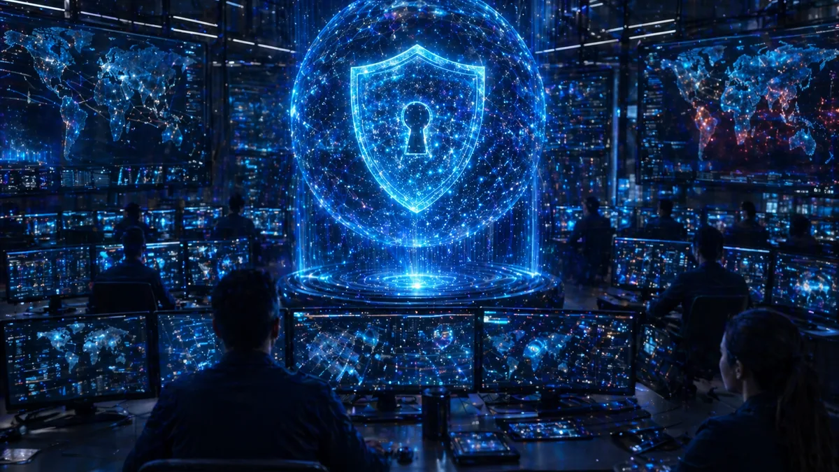 Cybersecurity command center with a glowing quantum encryption shield
