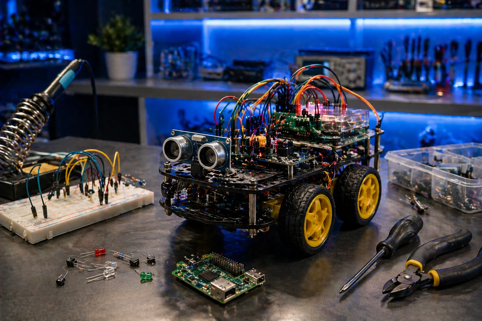 Raspberry Pi robotics laboratory with electronics and robot projects