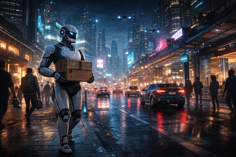 Photoreal robot delivery system moving through a futuristic city street