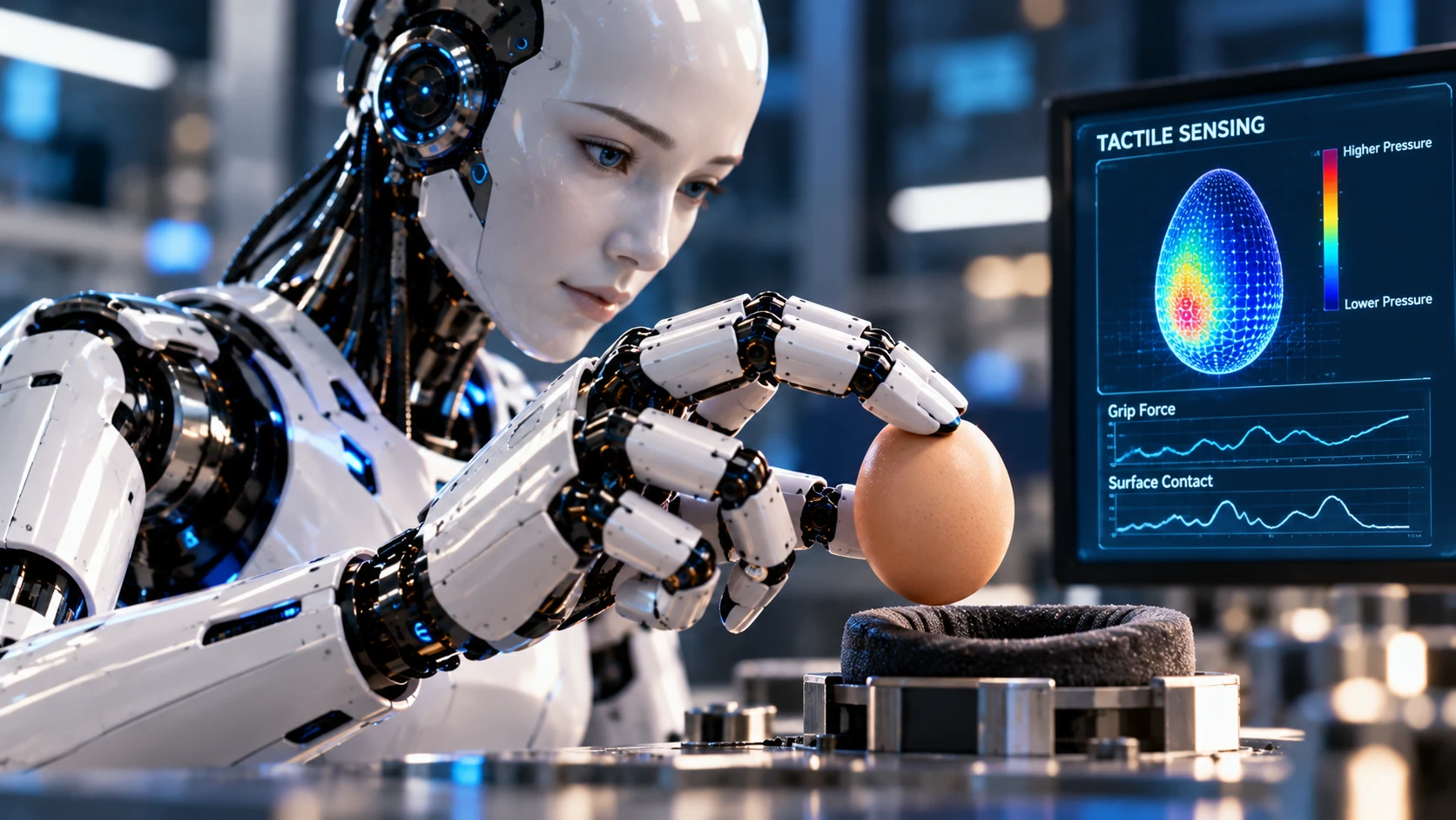 Humanoid robot carefully holding an egg while tactile sensing measures grip force