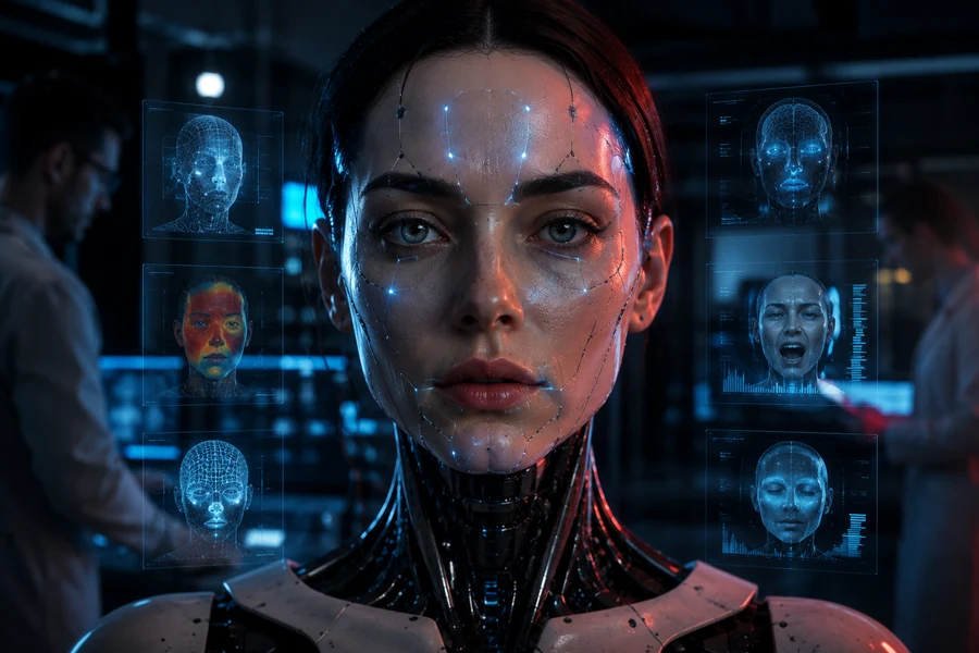 Humanoid AI robot undergoing emotional recognition testing in a cybernetic lab