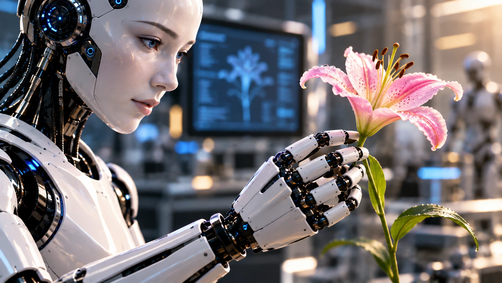 Humanoid robot hand precisely handling a delicate flower
