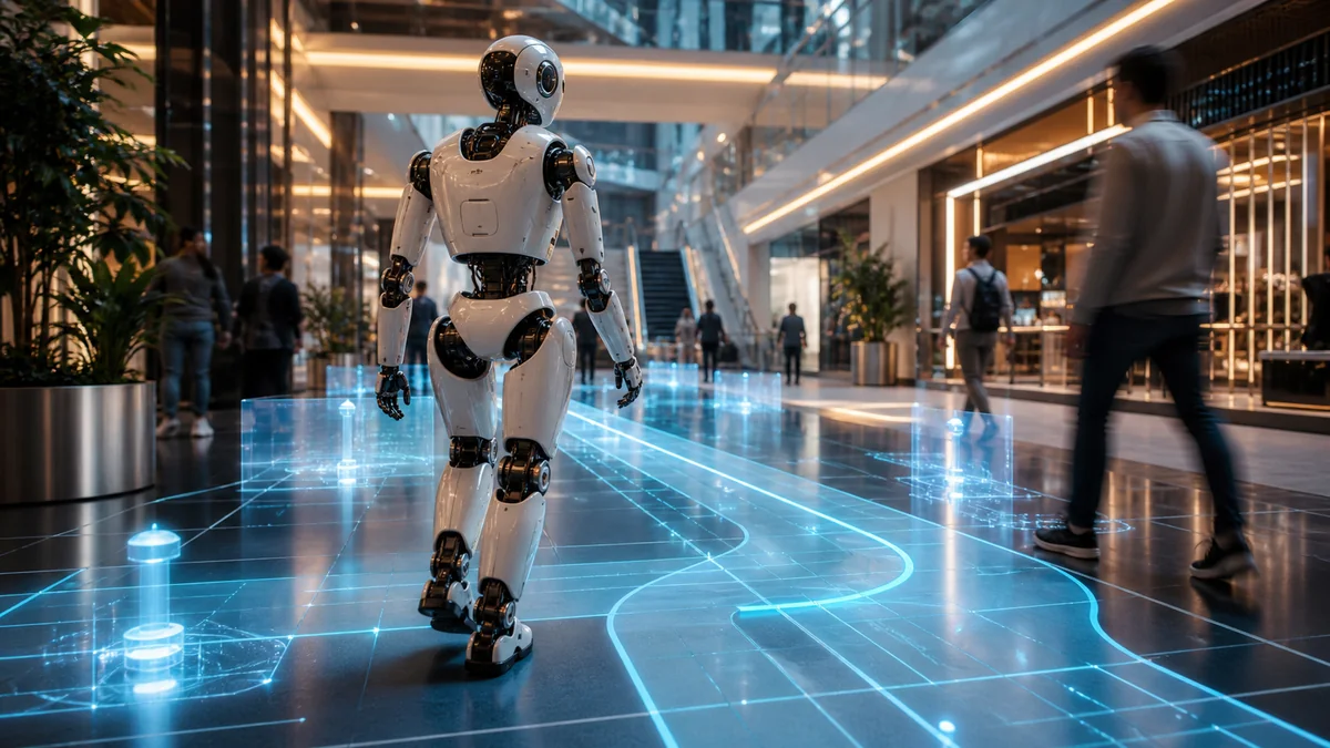 Robot using AI navigation model to move through a futuristic indoor environment