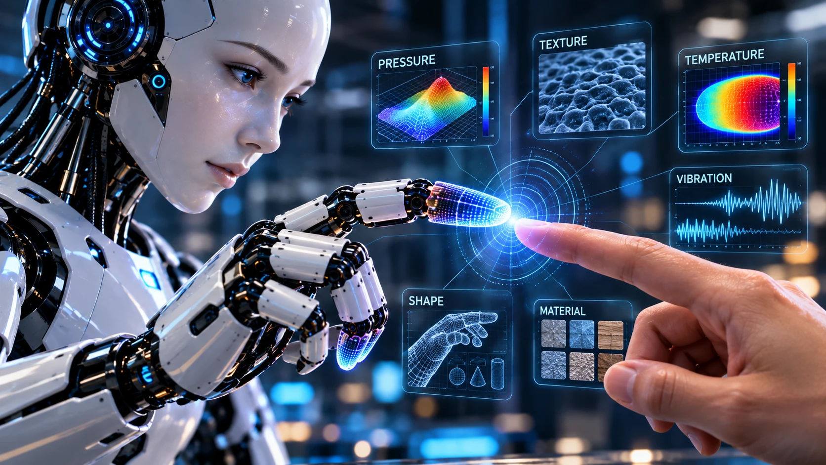 Humanoid robot fingertip reading pressure, texture, temperature, vibration, shape and material data