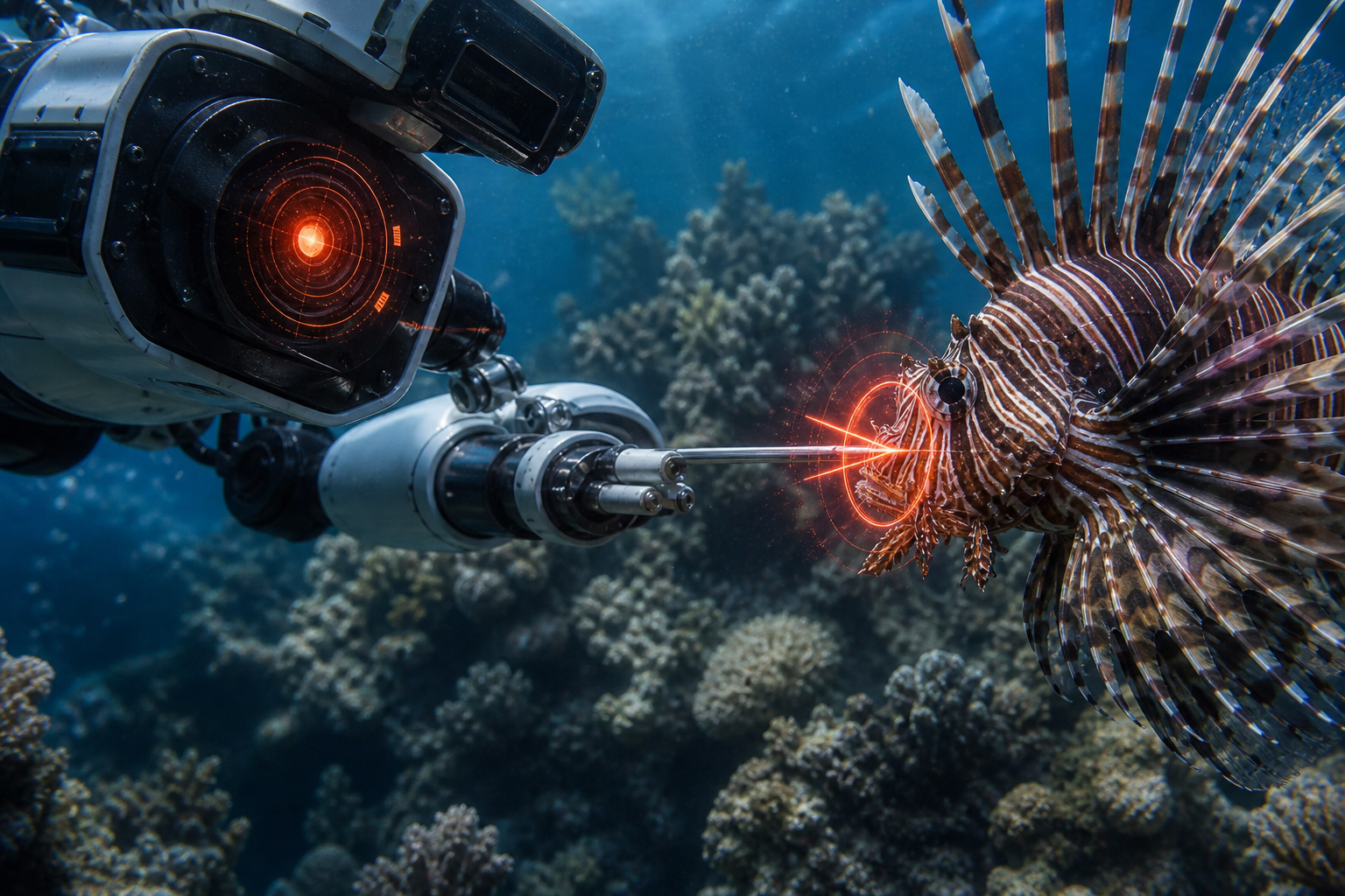 Autonomous underwater robot targeting invasive lionfish with precision removal tool near coral reef ecosystem