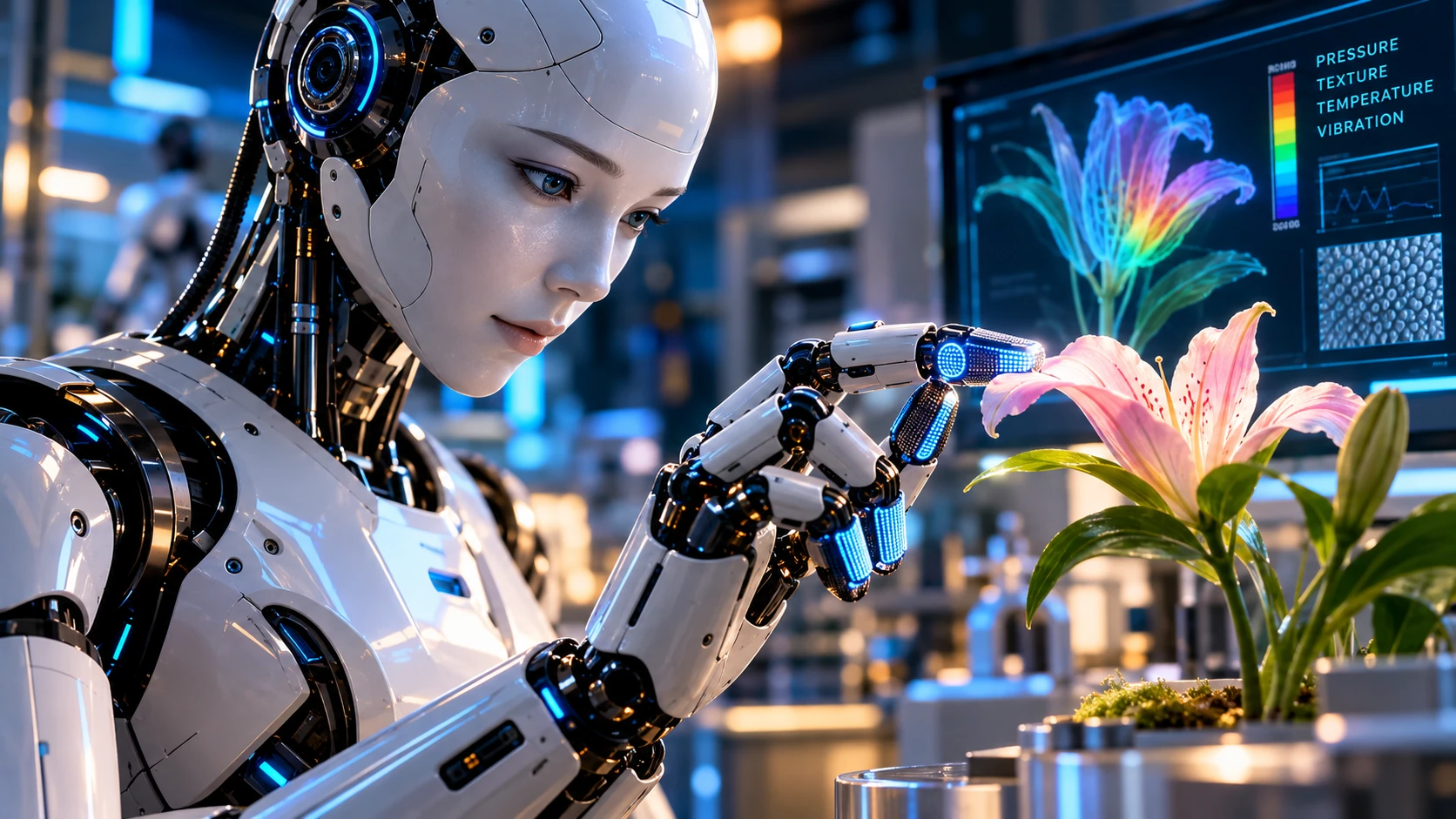 Humanoid robot delicately touching a flower while tactile sensors analyze contact