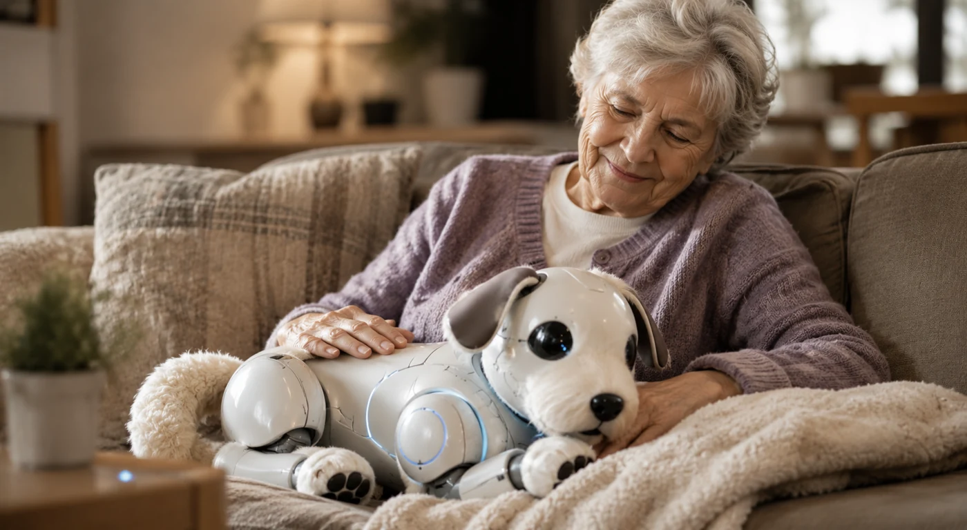 Robotic pet resting beside an elderly woman on a couch