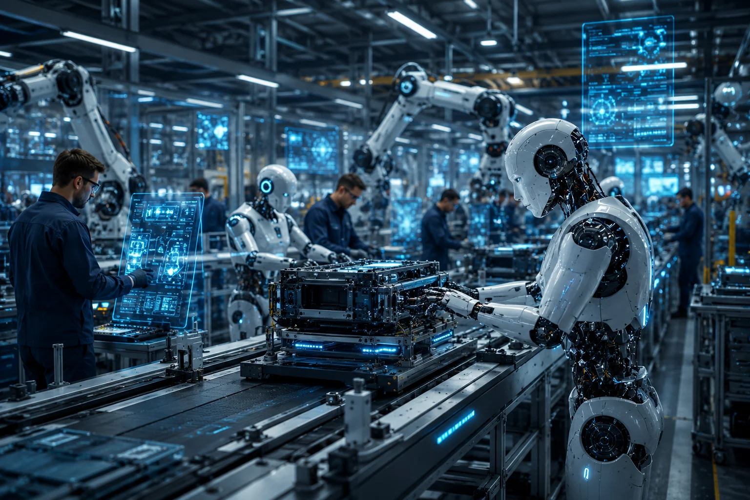 AI robotics factory with humanoid robots working beside humans