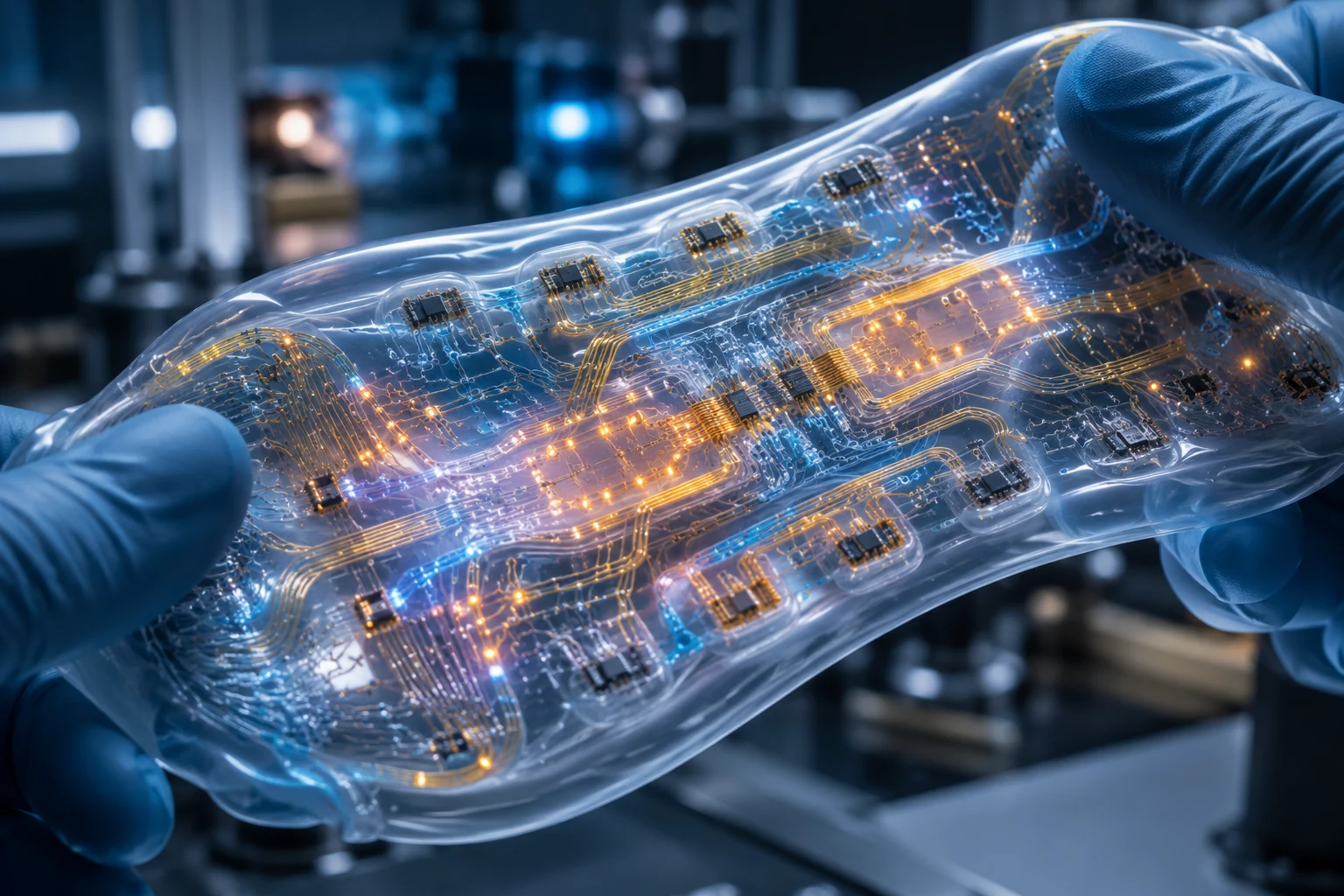 Flexible rubber logic circuit bending while glowing with soft digital pathways