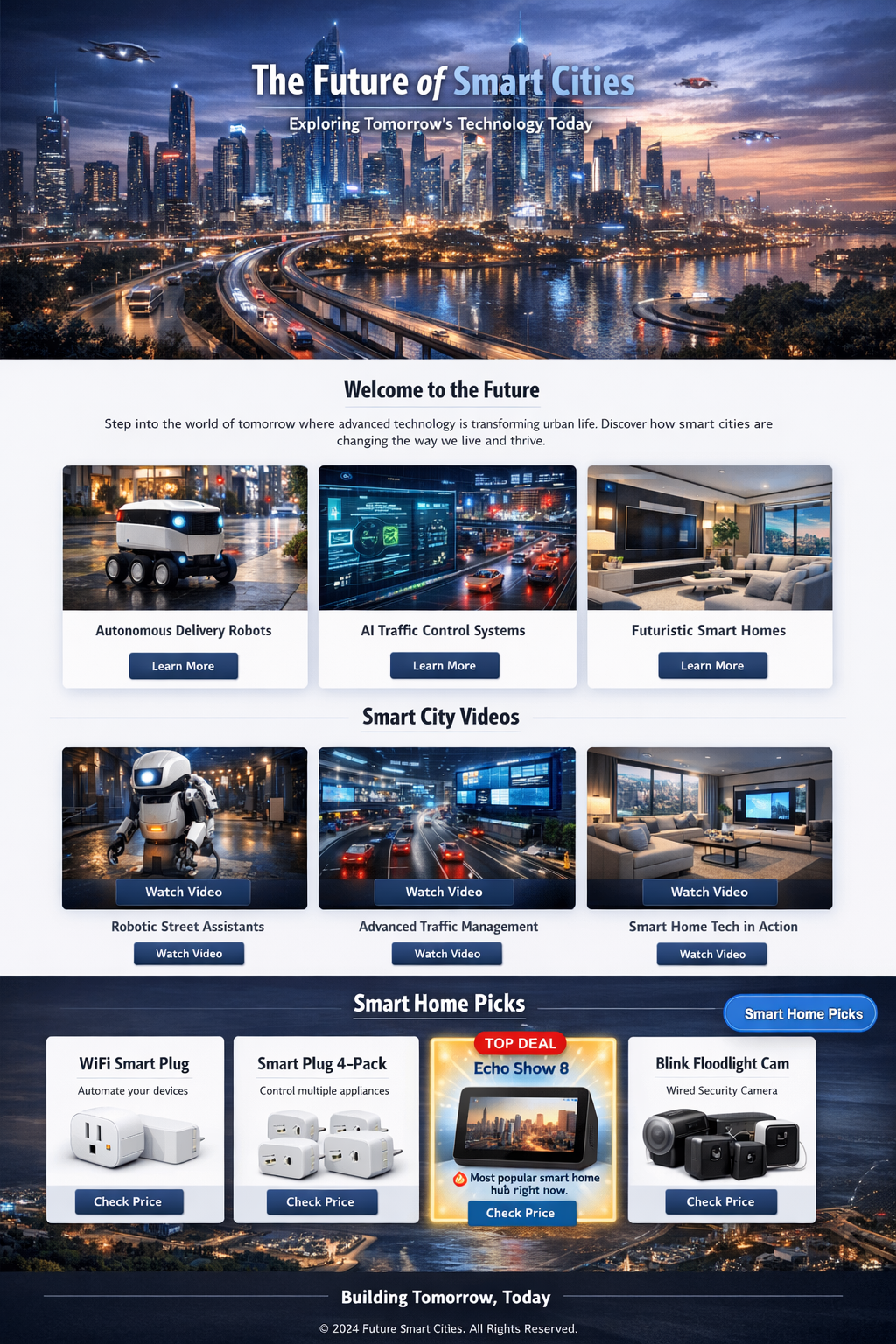 Photoreal futuristic smart city banner showing glowing towers, intelligent transport systems, and advanced urban robotics