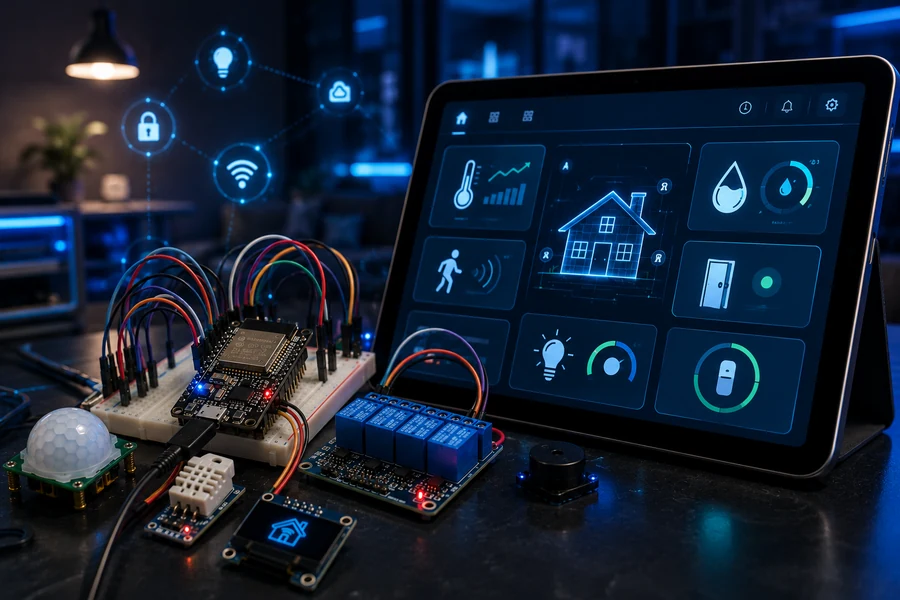 Smart home MQTT dashboard beside ESP32 hardware