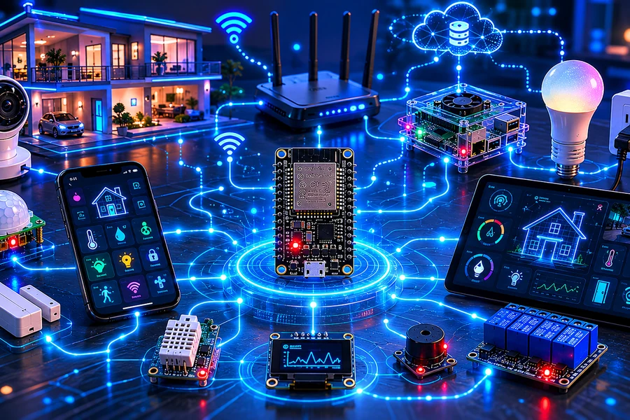 Smart home network topology with ESP32 hub and MQTT broker
