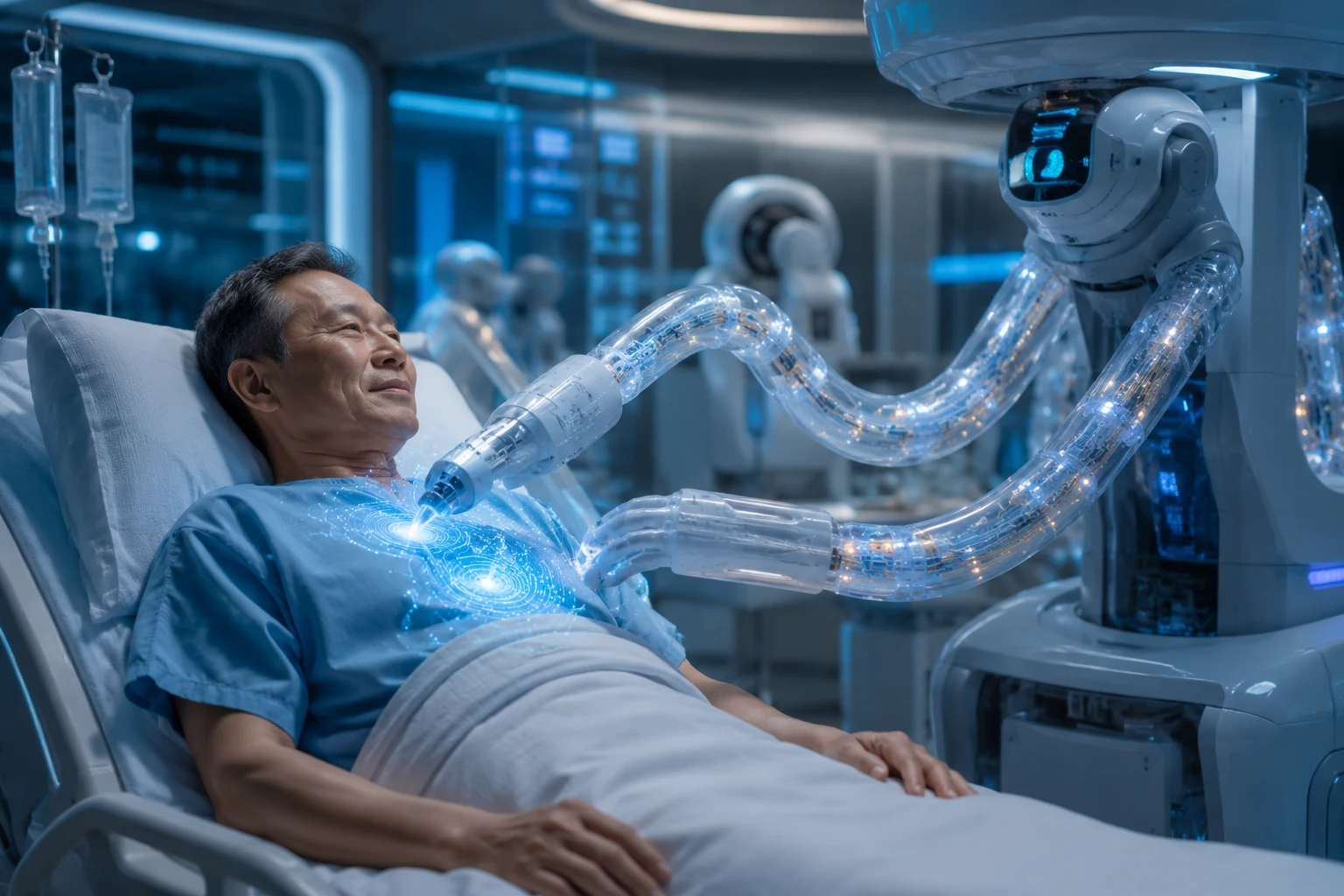 Soft medical robot assisting a patient in a futuristic hospital room