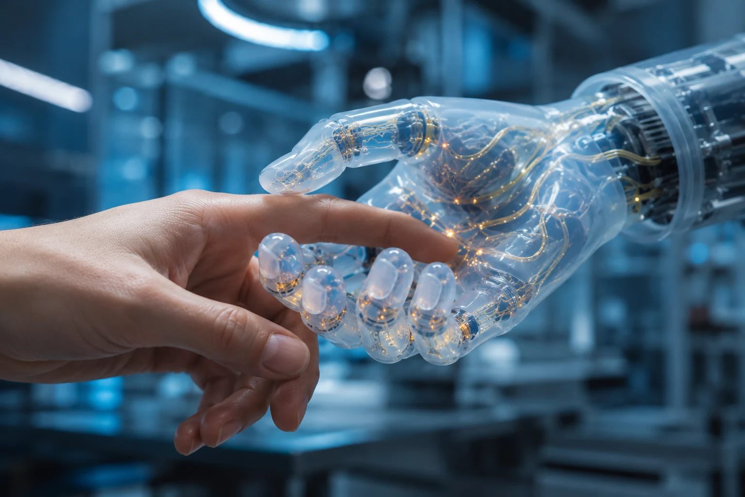 Soft robotic hand gently touching a human finger