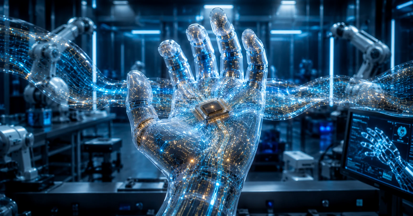 Soft rubber computer integrated into a futuristic robotic hand with glowing flexible logic pathways