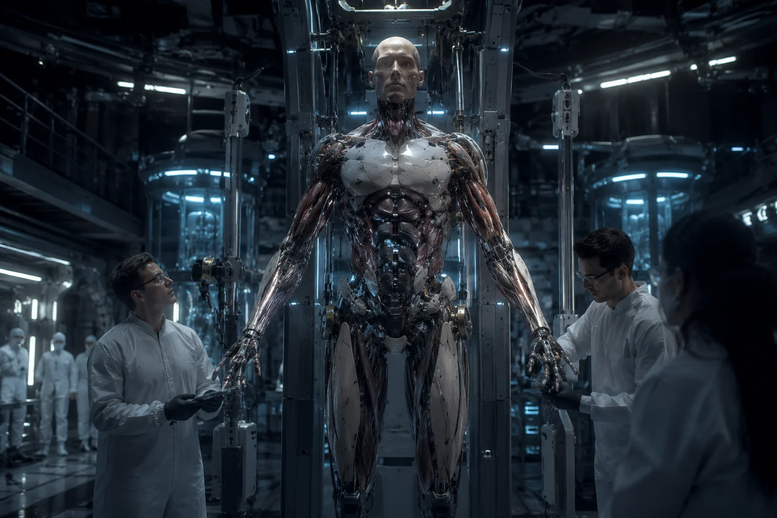 Humanoid robot body suspended in a futuristic laboratory assembly chamber