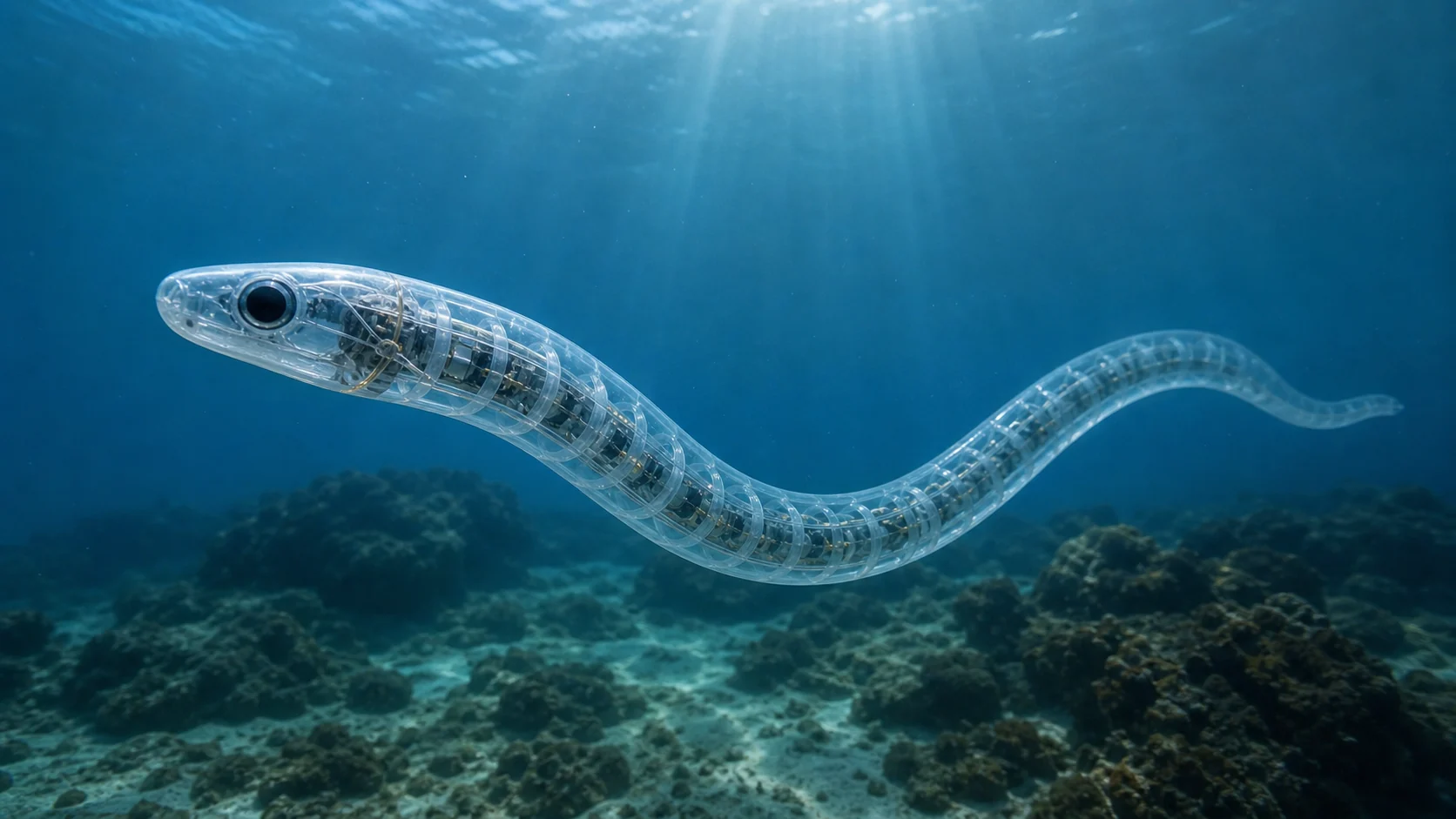 Transparent eel-like soft robot swimming silently underwater