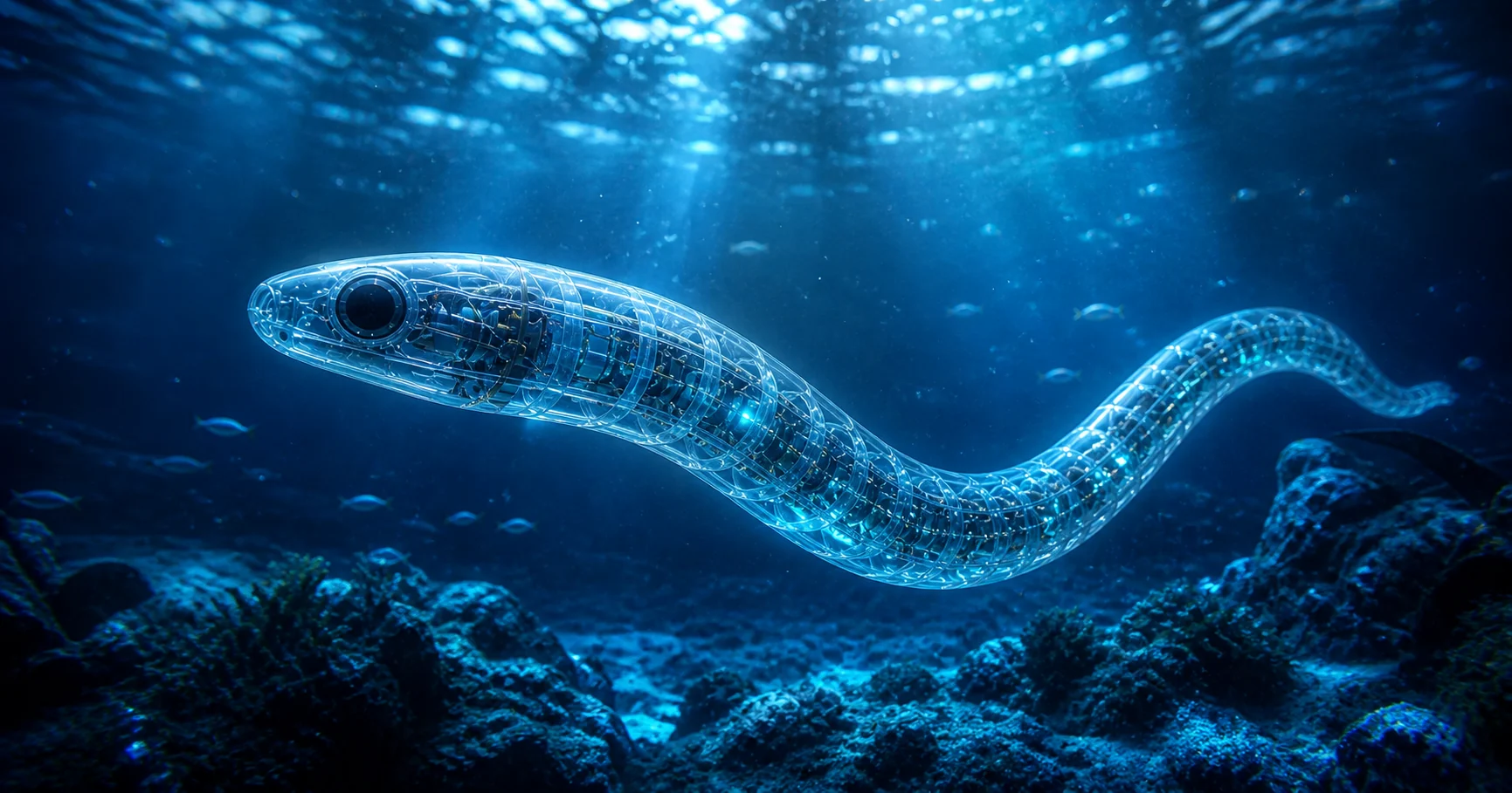 Transparent robotic eel swimming through deep blue water