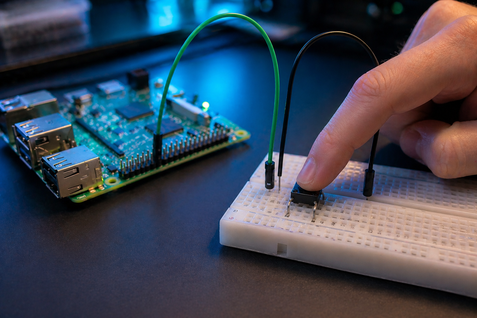 Finger pressing tactile push button on Raspberry Pi breadboard