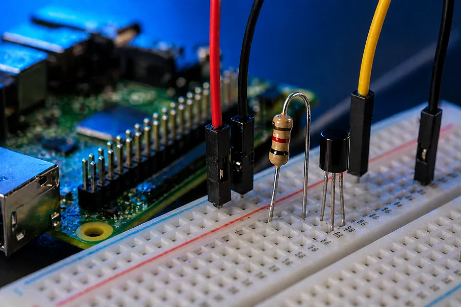 Close-up DS18B20 temperature sensor wiring