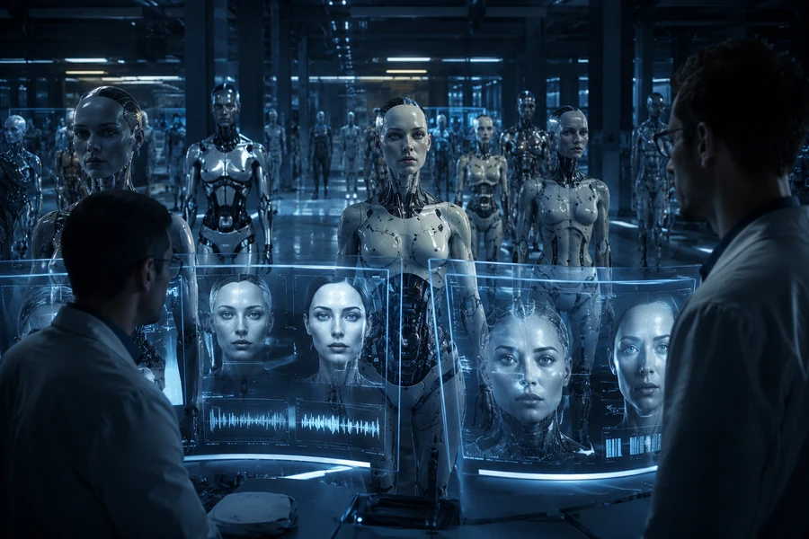 Advanced robotics laboratory with humanoid androids and emotion testing monitors