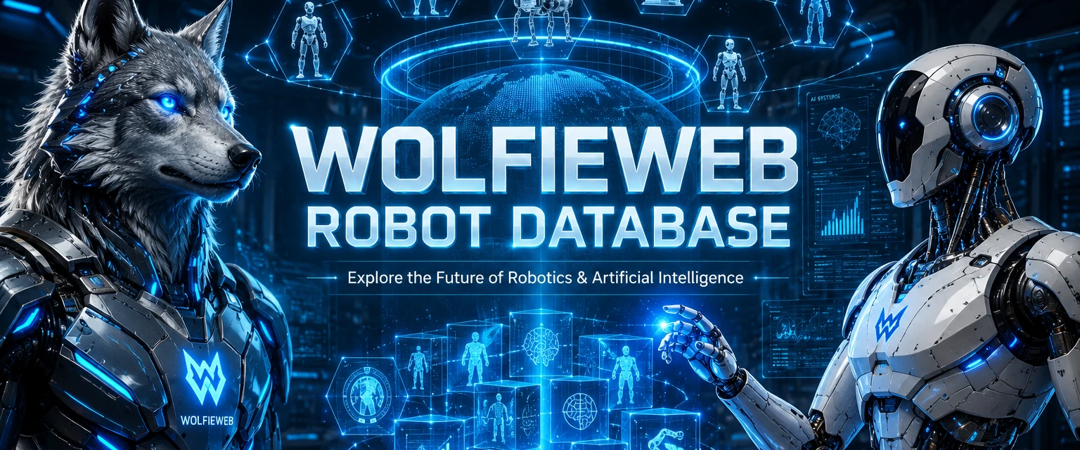 WolfieWeb Robot Database featuring the Wolfie robotic wolf, a humanoid robot, and a glowing AI database hologram