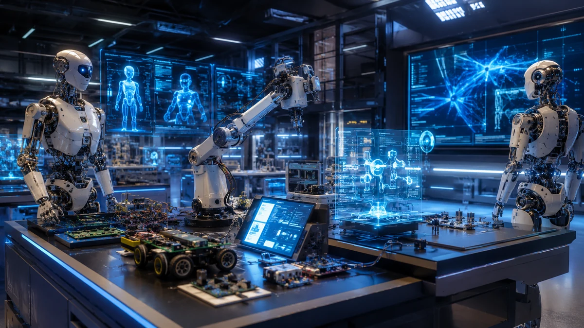 WolfieWeb futuristic robotics and AI command center with humanoid robots and electronics projects