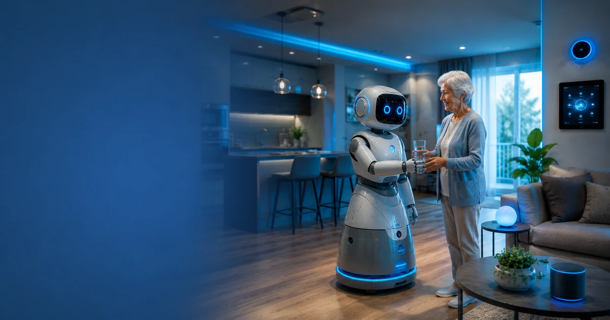 Friendly elder-care robot helping inside a modern smart home