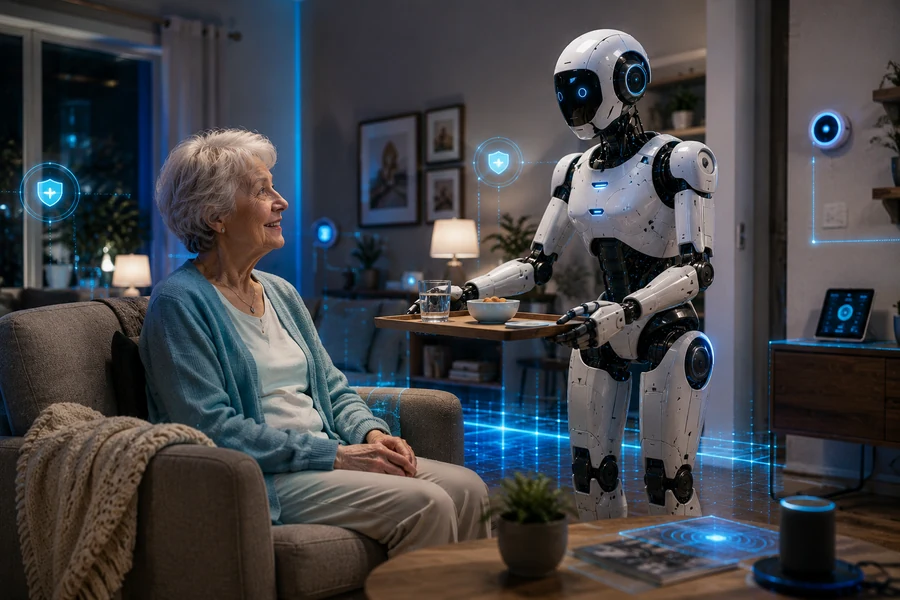 Friendly home assistant robot helping an elderly woman