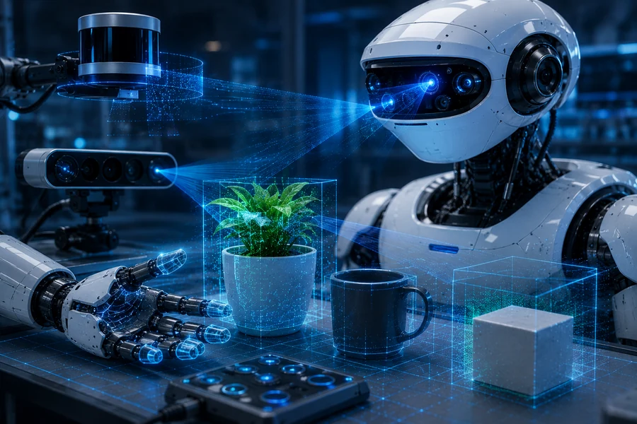 Robot sensors scanning everyday objects with AI perception overlays