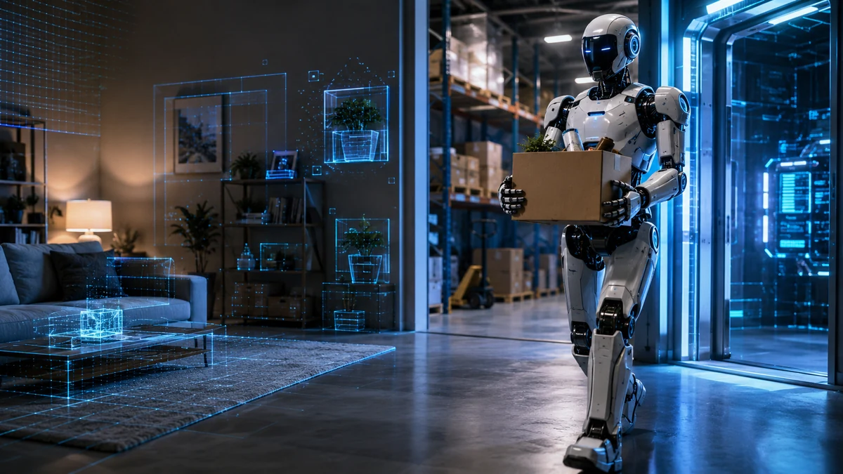 Humanoid robot entering a home and warehouse hybrid environment