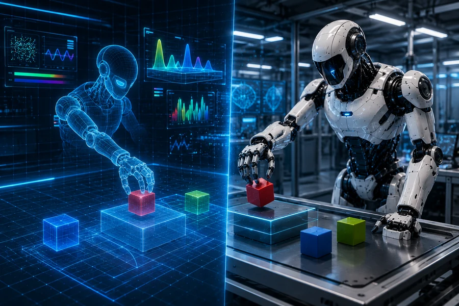 Robot training in simulation and performing the same task in reality