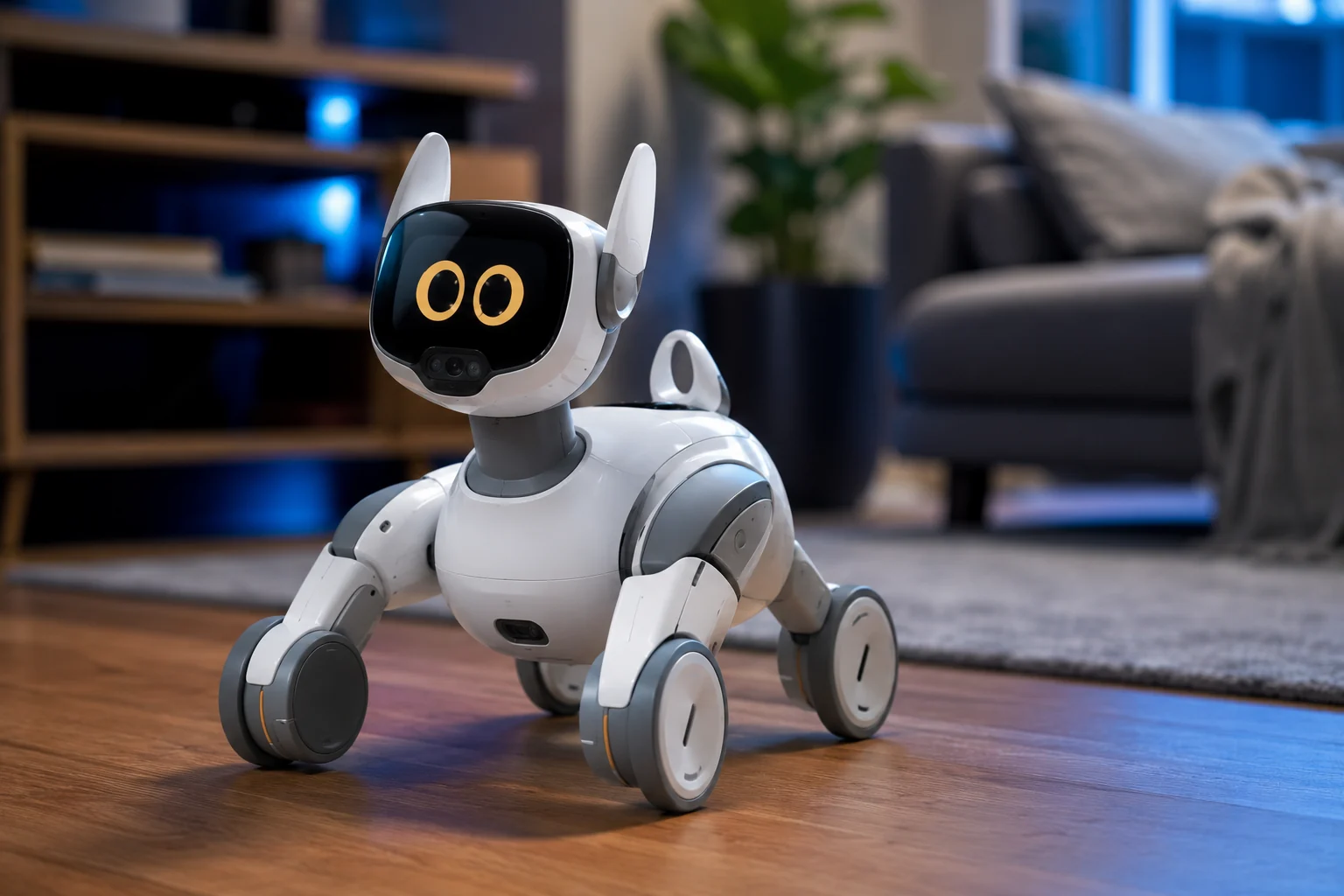 Loona-style AI robot dog in living room
