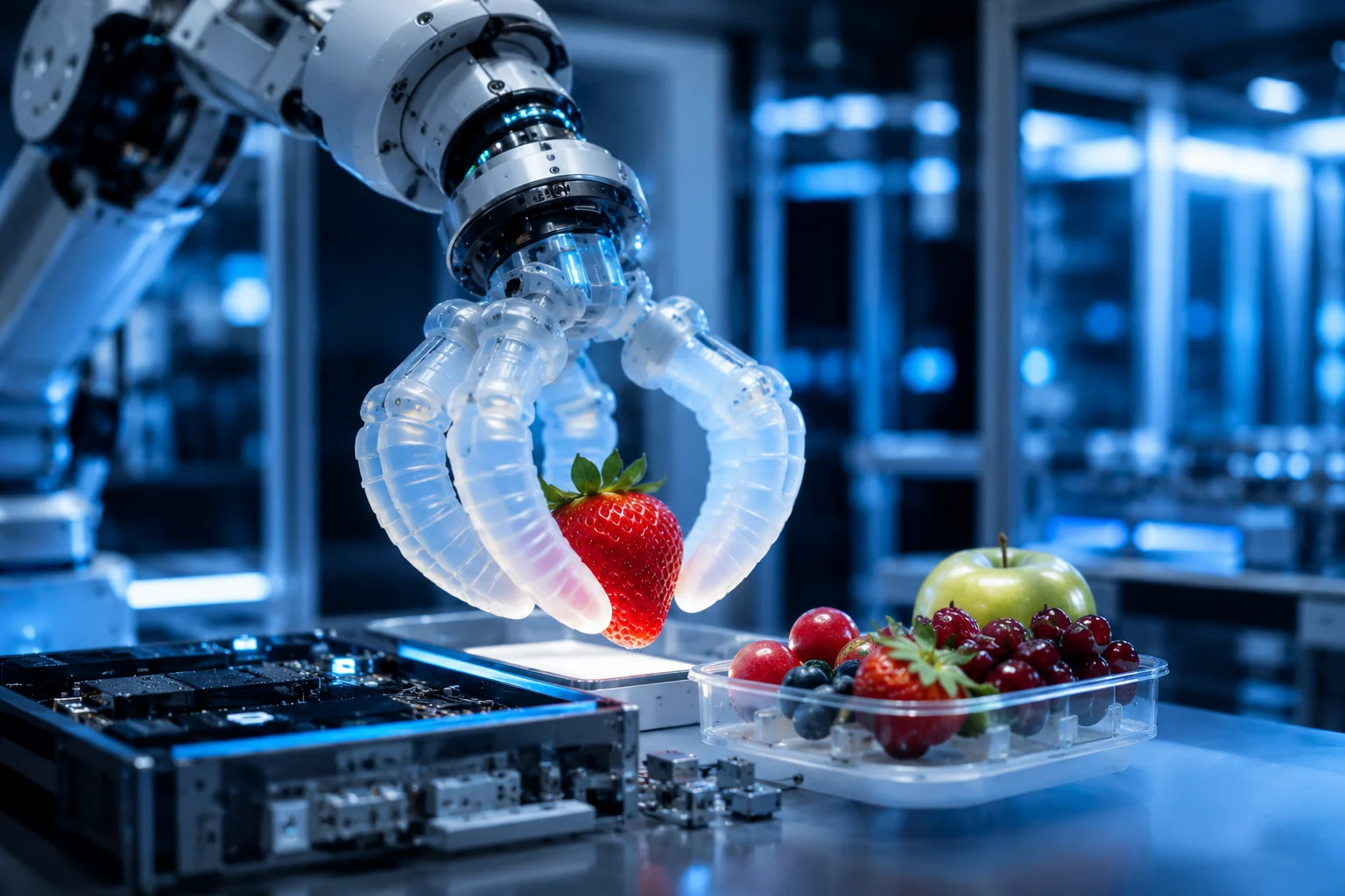 Soft robotic gripper handling fragile fruit and electronics